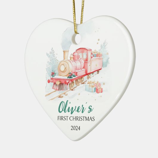 Waterverf trein aangepaste eerste kerst keramisch ornament (Links)