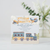 Waterverf Trein en vliegtuigen Baby Boy Blue Kaart (Staand voorkant)