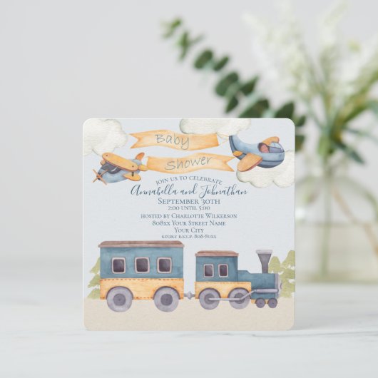 Waterverf Trein en vliegtuigen Baby Boy Blue Kaart (Staand voorkant)