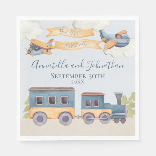 Waterverf Trein en vliegtuigen Baby Boy Blue Servet (Voorkant)