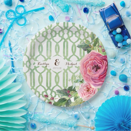 Waterverf Trellis Floral Roos Peony Vrijgezellenfe Papieren Bordje (Feest)