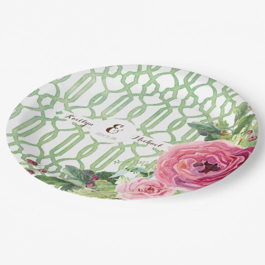 Waterverf Trellis Floral Roos Peony Vrijgezellenfe Papieren Bordje (Gekanteld)