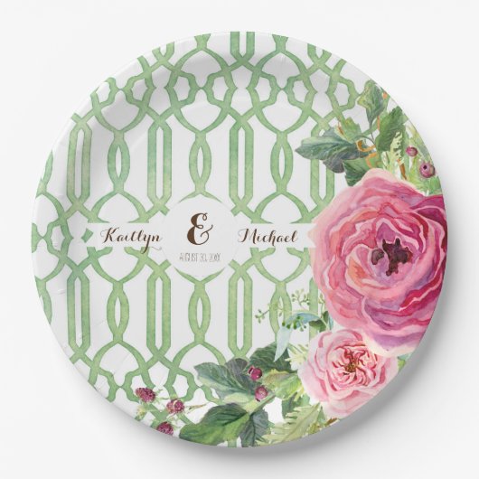 Waterverf Trellis Floral Roos Peony Vrijgezellenfe Papieren Bordje (Voorkant)