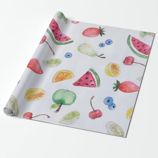 Waterverf Trend Tropische Zomer Vruchten Patroon Cadeaupapier (Uitgerold)