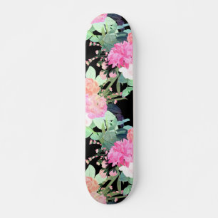 Waterverf Trendy Pink & Black Flowers Persoonlijk Skateboard