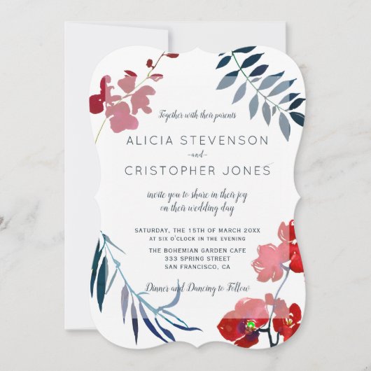 Waterverf trendy rode en marinebloem bruiloft kaart (Voorkant)