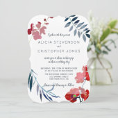 Waterverf trendy rode en marinebloem bruiloft kaart (Staand voorkant)