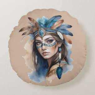 Waterverf Tribal Beauty: Spirit of Bohemian Art Rond Kussen