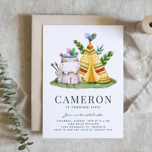 Waterverf Tribal Hippo Safari Thema Verjaardag Kaart