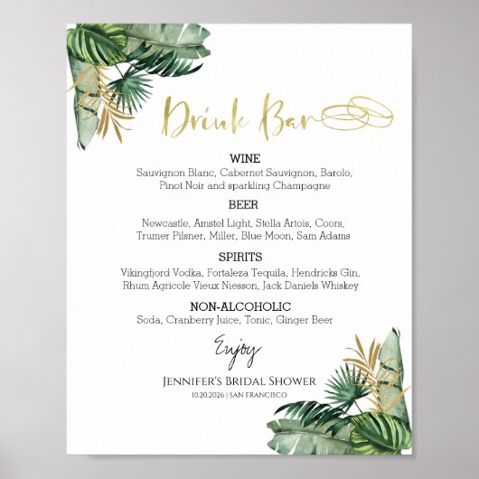 Waterverf Tropical Bachelorette Drinken Menu Sign Poster (Voorkant)
