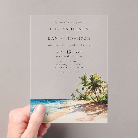 Waterverf Tropical Beach Bestemming Bruiloft Acryl Uitnodigingen (Insitu (Draagbaar))