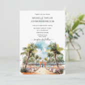 Waterverf Tropical Beach Bestemming Bruiloft Kaart (Staand voorkant)
