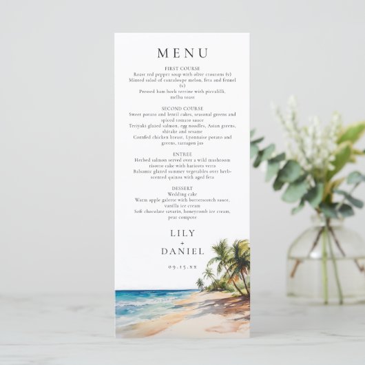 Waterverf Tropical Beach Bestemming Bruiloft Menu (Staand voorkant)
