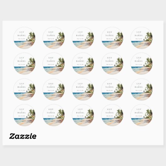 Waterverf Tropical Beach Bestemming Bruiloft Ronde Sticker (Vel)