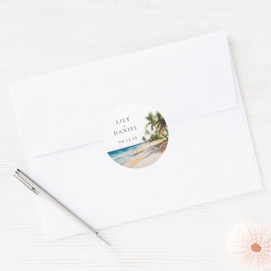 Waterverf Tropical Beach Bestemming Bruiloft Ronde Sticker (Envelop)