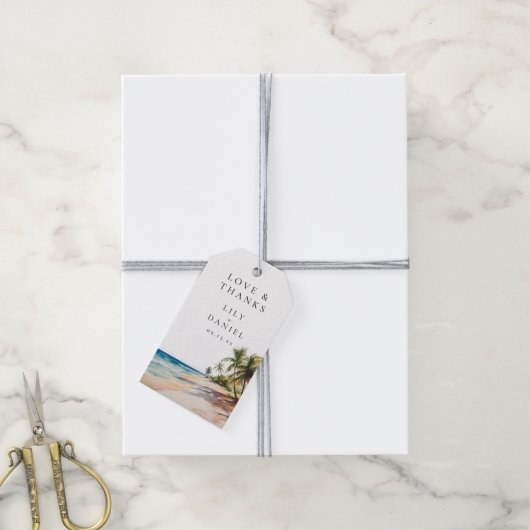 Waterverf Tropical Beach bruiloft Dank u Cadeaulabel (Met Touw)