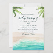 Waterverf Tropical Beach en Palm Trees Bruiloft Kaart (Voorkant)