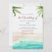 Waterverf Tropical Beach en Palm Trees Bruiloft Kaart (Voorkant)