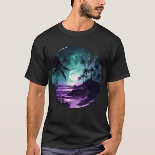 Waterverf Tropical Beach Night T-shirt (Voorkant)