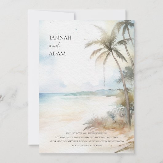 Waterverf Tropical Beach Palm Trees Bruiloft Kaart (Voorkant)