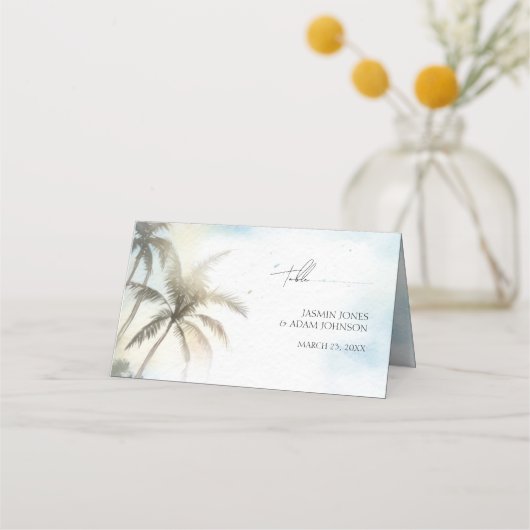Waterverf Tropical Beach Palm Trees Bruiloft Plaatskaartje (Voorkant)