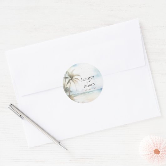 Waterverf Tropical Beach Palm Trees Bruiloft Ronde Sticker (Envelop)