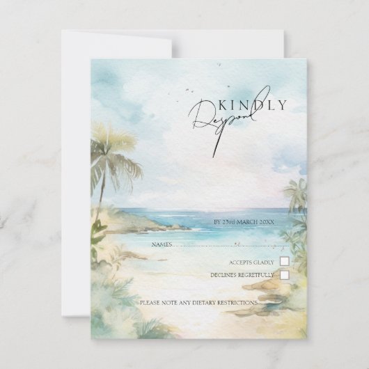 Waterverf Tropical Beach Palm Trees Bruiloft RSVP Kaartje (Voorkant)