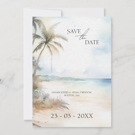 Waterverf Tropical Beach Palm Trees Bruiloft Save The Date (Voorkant)