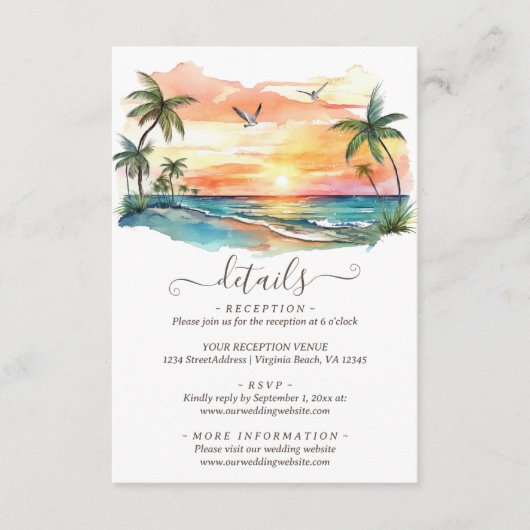 Waterverf Tropical Beach Sunset Bruiloft Details Informatiekaartje (Voorkant)