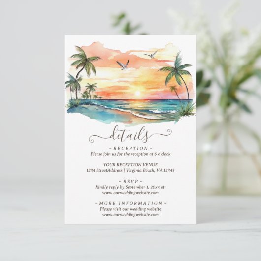 Waterverf Tropical Beach Sunset Bruiloft Details Informatiekaartje (Staand voorkant)