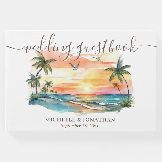 Waterverf Tropical Beach Sunset Bruiloft Gastenboek (Voorkant)
