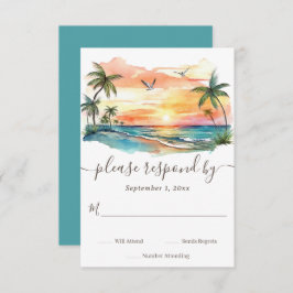 Waterverf Tropical Beach Sunset Bruiloft RSVP Kaartje