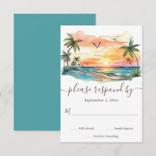 Waterverf Tropical Beach Sunset Bruiloft RSVP Kaartje