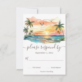 Waterverf Tropical Beach Sunset Bruiloft RSVP Kaartje