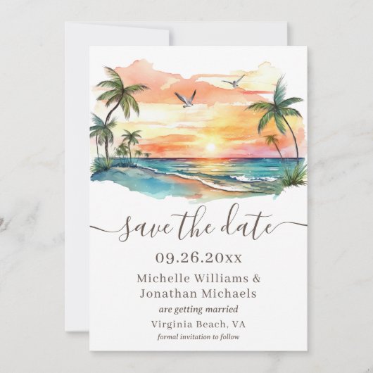 Waterverf Tropical Beach Sunset Bruiloft Save The Date (Voorkant)