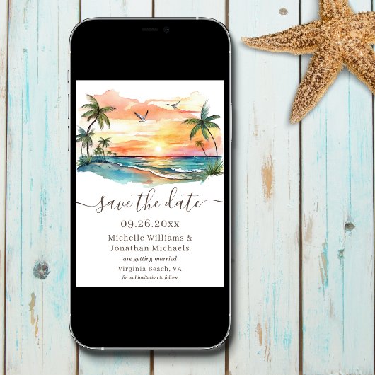 Waterverf Tropical Beach Sunset Bruiloft Save The Date