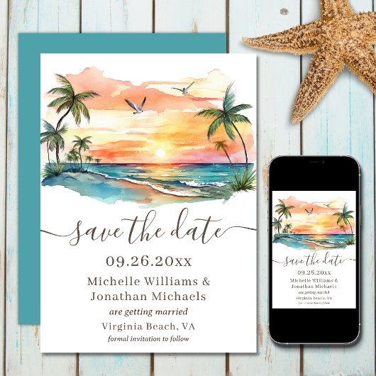 Waterverf Tropical Beach Sunset Bruiloft Save The Date