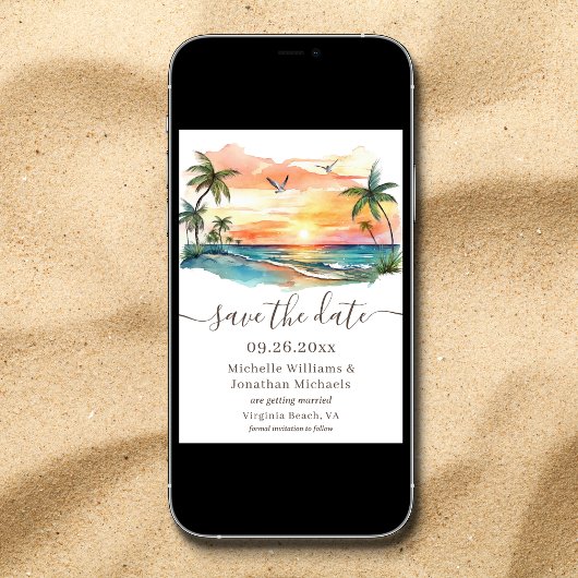Waterverf Tropical Beach Sunset Foto Bruiloft Save The Date