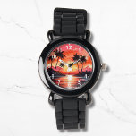 Waterverf Tropical Beach Sunset Palm Trees Horloge<br><div class="desc">Waterverf Tropical Beach Sunset Palm Trees Watches beschikt over een waterverf tropische strandzonsondergang met palmboomsilhouet. Creëer door Evco Studio www.zazzle.com/store/evcostudio</div>