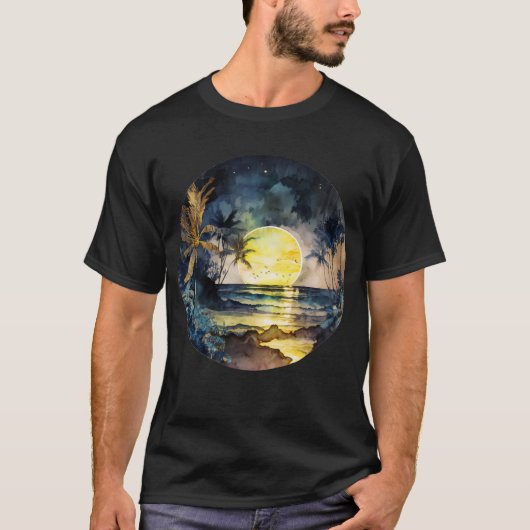 Waterverf Tropical Beach Sunset T-shirt (Voorkant)