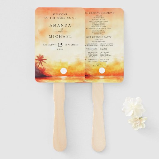 Waterverf Tropical Beach Sunset Wedding Programma Handwaaier (Voorkant en achterkant)