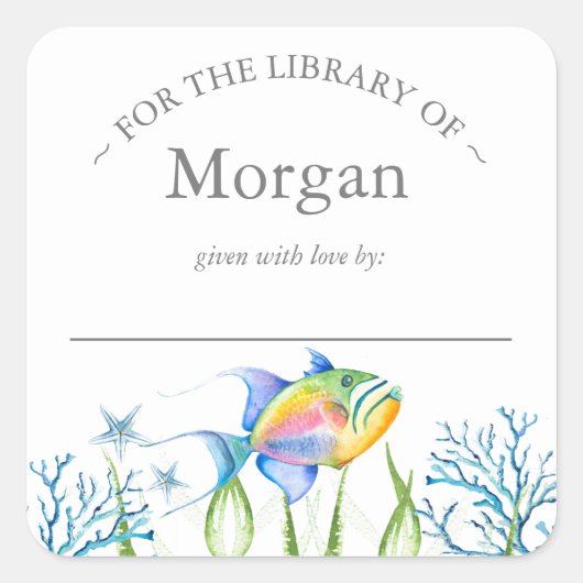 Waterverf Tropical Fish Bookplate Vierkante Sticker (Voorkant)