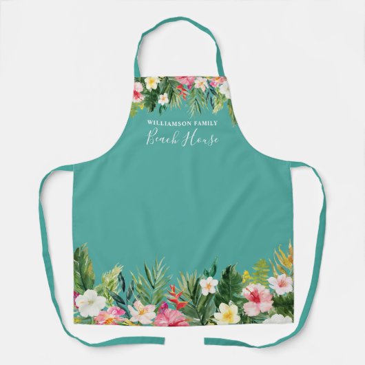 Waterverf Tropical Floral Beach House Familienaam Schort (Voorkant)