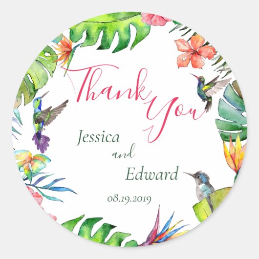 Waterverf Tropical Floral Wedding Dank u Ronde Sticker (Voorkant)