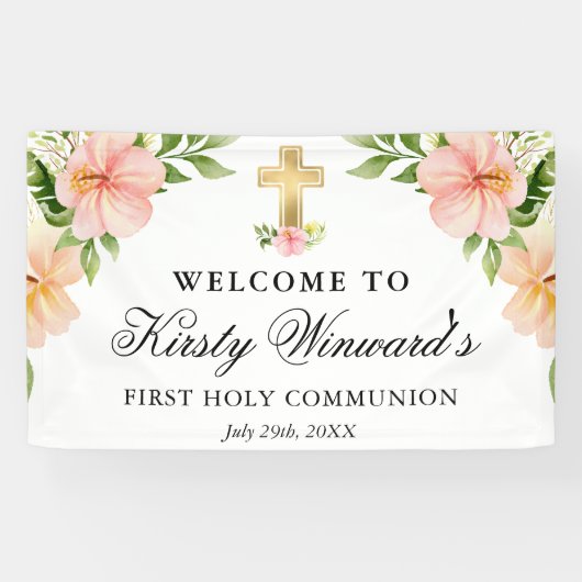 Waterverf Tropical Flowers First Holy Communion Spandoek (Horizontaal)