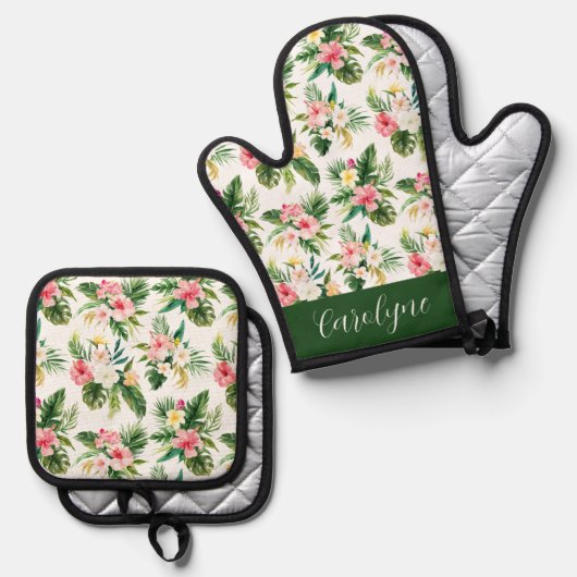 Waterverf Tropical Flowers Pattern Gepersonaliseer Ovenwant & Pannenlap Set (Voorkant / Achterkant)