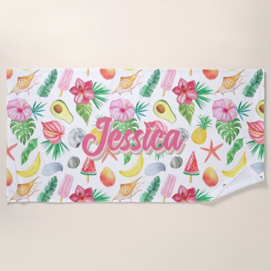 Waterverf Tropical Flowers Pattern Gepersonaliseer Strandlaken (Voorkant)