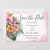 Waterverf Tropical Flowers Pink Gold Glitter Save The Date (Voorkant)