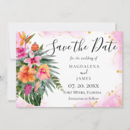 Waterverf Tropical Flowers Pink Gold Glitter Save The Date