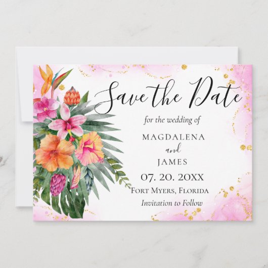 Waterverf Tropical Flowers Pink Gold Glitter Save The Date (Voorkant)